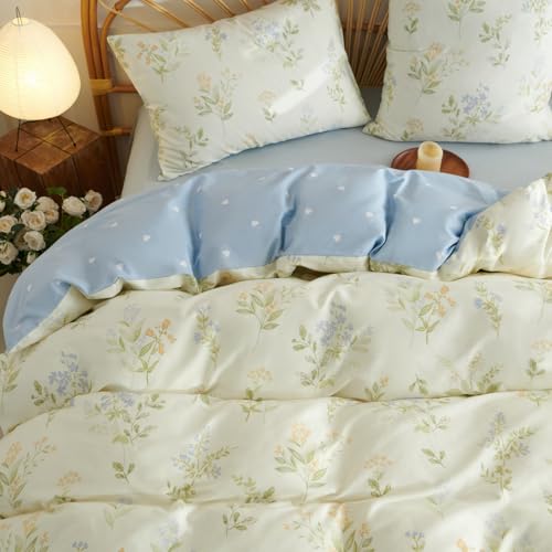 Tospass Baumwolle Bettwäsche Set 135x200cm Beige Bunt Blumen Blätter Pflanzen Mädchen Wendebettwäsche Floral Herz Liebe Kinder Bettbezug mit Reißverschluss und Kissenbezug 80x80cm von Tospass