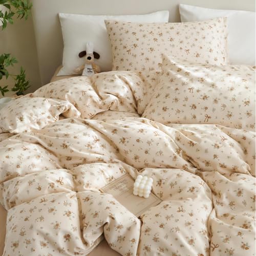 Tospass Baumwolle Bettwäsche Set 155x220cm Beige Khaki Grün Blumen Floral Schleife Mädchen Wendebettwäsche Blumenmuster Kinder Bettbezug mit Reißverschluss und Kissenbezug 80x80cm von Tospass