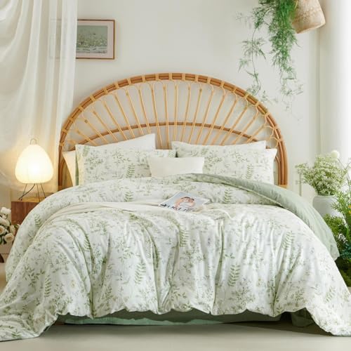 Tospass Baumwolle Bettwäsche Set 220x240cm Weiß Grün Bunt Blumen Blätter Pflanzen Mädchen Wendebettwäsche Floral Kinder Teen Bettbezug mit Reißverschluss und 2 Kissenbezug 80x80cm von Tospass
