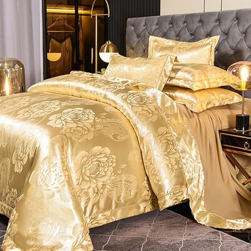 Tospass Satin Bettwäsche 135x200 Gold Microfaser 4Teilig Jacquard Stickerei Prozess Blumen Bettwäsche-Sets Weich Glatt - 2 Bettbezüge 135x200 und 2 Kissenbezüge 80x80 mit Reißverschluss von Tospass