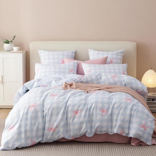 Tospass Bettwäsche 155x220cm Blau Rosa Karierte Schleife Mädchen Bettwäsche Set Fliege Elegant Mikrofaser Bettbezug 1 Bettbezug mit Reißverschluss und 1 Kissenbezug 80x80cm von Tospass