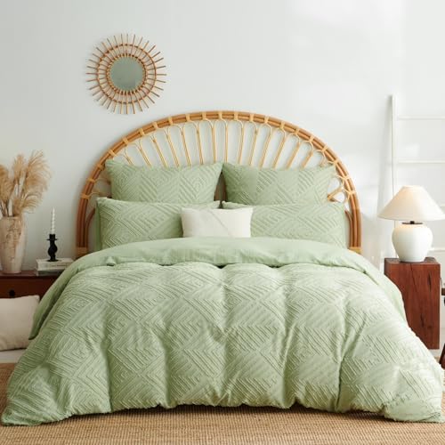 Tospass Bettwäsche 200x220cm Getuftet Grün Handgemacht Stickerei Boho Bettwäsche Set Vintage Shabby Chic Bettbezug Gewaschene Mikrofaser Deckenbezug mit Reißverschluss 2 Kissenbezug 80x80cm von Tospass