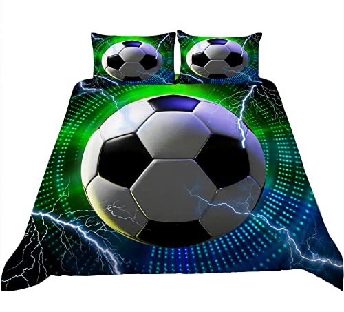 Tospass Bettwäsche Set 155x220cm Kinder Fußball 3D Bedrucktes Mädchen Jungen Jungs 2 Teilig Weich Kinderbettwäsche Blau Grün Microfaser Kuschelig Bettbezug mit Reißverschluss 1 Kissenbezug 80x80cm von Tospass