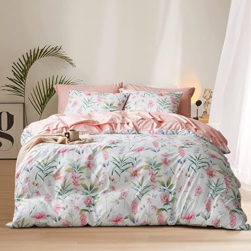 Tospass Blumen Bettwäsche 155x220 cm Rosa Grün Blätter Pflanzen Muster Bettwäsche Set Floral Bettbezug Mikrofaser Wende Bettwäsche 1 Deckenbezug mit Reißverschluss 1 Kissenbezug 80x80 cm von Tospass