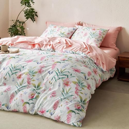 Tospass Blumen Bettwäsche 200x200 cm Rosa Grün Blätter Pflanzen Muster Bettwäsche Set Floral Bettbezug Mikrofaser Wende Bettwäsche 1 Deckenbezug mit Reißverschluss 2 Kissenbezug 80x80 cm von Tospass