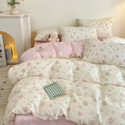 Tospass Blumen Bettwäsche Set 135x200cm 4tlg Weiß Rosa Grün Floral Schleife Mädchen Wendebettwäsche Mikrofaser Blumenmuster Kinder Deckenbezug 2 Bettbezug mit Reißverschluss und 2 Kissenbezug 80x80cm von Tospass