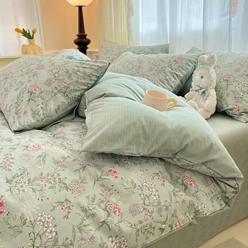 Tospass Blumen Bettwäsche Set 155x200cm Grün Rosa Bunt Blätter Pflanzen Floral Mädchen Wendebettwäsche Mikrofaser Blumenmuster Kinder Bettbezug mit Reißverschluss und Kissenbezug 80x80cm von Tospass