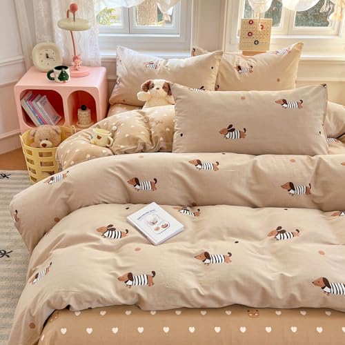 Tospass Dackel Bettwäsche Set 135x200cm Mädchen Khaki Braun Weiß Dachshund Liebe Wendebettwäsche Mikrofaser Herz Deckenbezug Kinder Teen Bettbezug mit Reißverschluss und Kissenbezug 80x80cm von Tospass