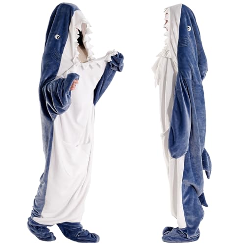 Tospass Hai Hoodie Decke Weich Flanell Tragbare Kuscheldecke Sweatshirt Kapuzenpullover Blau Hai Schlafsack Fleece Shark Blanket Tragbare Adult für Erwachsene Jungen 210x180cm von Tospass