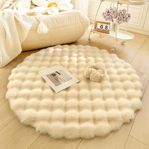 Tospass Hochflor Teppich Rund Wohnzimmer Langflor Flauschig Shaggy Kunstfell Fell Waschbar für Schlafzimmer Bettvorleger Beige Moderne Rutschfester Teppiche, 45 cm Rund von Tospass