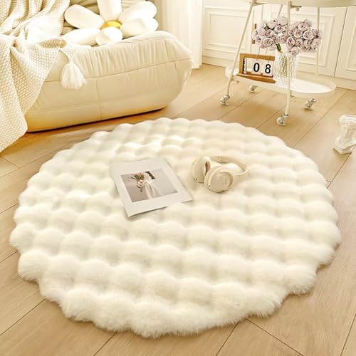 Tospass Hochflor Teppich Rund Wohnzimmer Langflor Flauschig Shaggy Kunstfell Fell Waschbar für Schlafzimmer Bettvorleger Weiß Moderne Rutschfester Teppiche, 45 cm Rund von Tospass