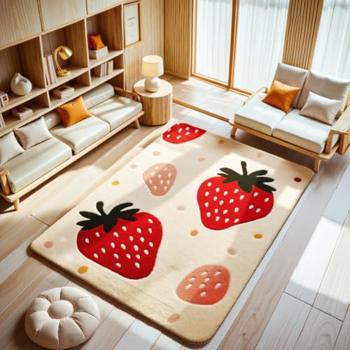 Tospass Kinderteppich Weicher Waschbarer Kunstwolle Kinderzimmer Teppich Spielteppich Junge Mädchen Erdbeere Muster Pastell Kurzflor rutschfest Wohnzimmer Teppich, 60x90 cm von Tospass