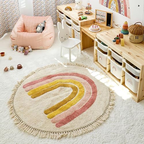 Tospass Kinderzimmer Teppich Regenbogen Weicher Rund Quasten Waschbarer Kinder Teppich Schlafzimmer Junge Mädchen Kurzflor rutschfest Teppich, 140 cm Rund von Tospass