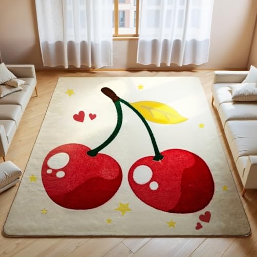 Tospass Kinderzimmer Teppich Weicher Waschbarer Kinderteppich Spielteppich Junge Mädchen Kirsche Muster Pastell Kurzflor rutschfest Wohnzimmer Teppich, 160x230 cm von Tospass
