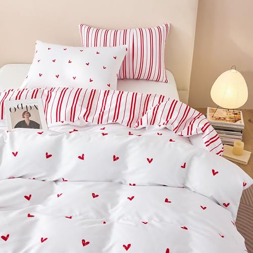 Tospass Herzen Bettwäsche 200x220cm Mädchen Weiß Rot Herz Gestreift Ästhetik Bettwäsche-Sets Mikrofaser Wende Kinderbettwäsche ÖKO-TEX Bettbezug mit Reißverschluss 2 Kissenbezug 80x80cm von Tospass