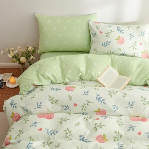 Tospass Mädchen Bettwäsche 200x200cm Grün Rosa Bunt Blätter Pfirsich Liebe Wendebettwäsche-Set Mikrofaser Herz Kinder Bettbezug 1 Deckenbezug mit Reißverschluss und 2 Kissenbezug 80x80cm von Tospass