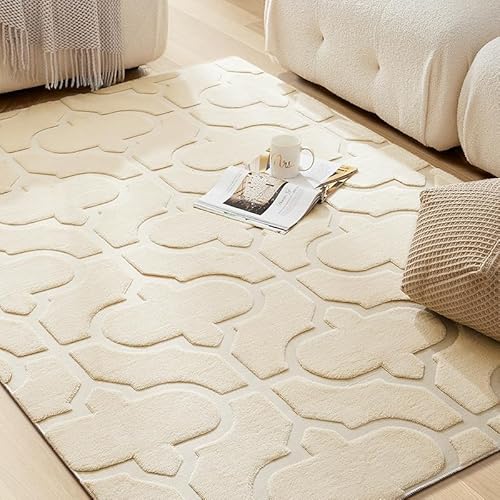 Tospass Modern Kurzflor Creme Teppich Wohnzimmer mit Hoch-Tief-Effekt 3D Effekt Geometrisch Muster, Felloptik Anti-Rutsch Unterseite Hohe Flordichte, Waschbar bis 30 Grad -160x230cm von Tospass