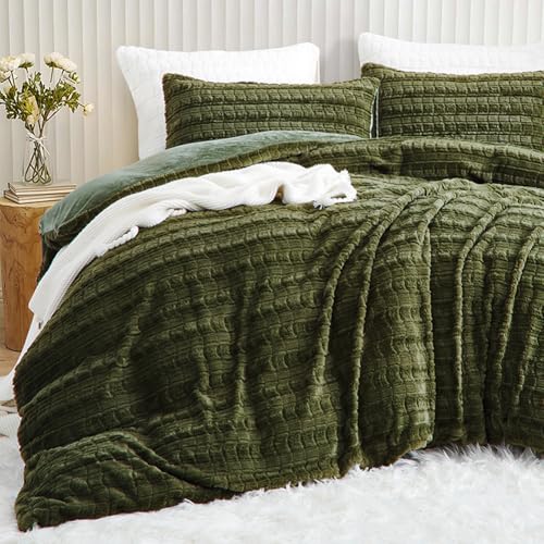 Tospass Plüsch Bettwäsche 135x200 cm 4 Teilig Grün Flauschig Warm Winterbettwäsche Kunstfell Kariert Flanell Fleece Cashmere Touch Bettbezug mit Reißverschluss und 2 Kissenbezug 80x80cm von Tospass