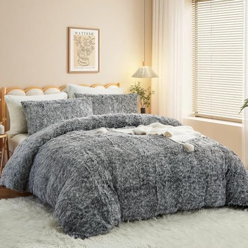 Tospass Plüsch Bettwäsche 155x220 Flauschig Warme Winter Langhaar Samt Bettwäsche Flanell Fleece Biber Grau Winterbettwäsche Cashmere Touch Wende Bettbezug mit Reißverschluss 1 Kissenbezug 80x80 von Tospass