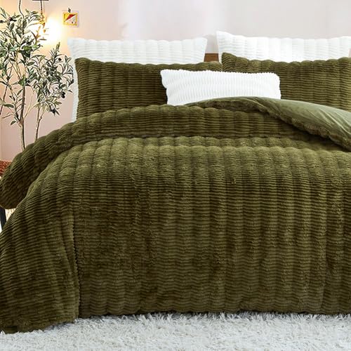 Tospass Plüsch Bettwäsche 155x220 cm Dunkelgrün Flauschig Warm Winterbettwäsche Kunstfell Querstreifen Flanell Fleece Cashmere Touch Bettbezug mit Reißverschluss und 1 Kissenbezug 80x80cm von Tospass