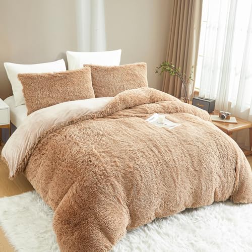 Tospass Plüsch Bettwäsche 200x220 cm 3Teilig Winter Flauschig Warme Langhaar Samt Bettwäsche Flanell Fleece Khaki Beige Bettwäsche Cashmere Touch Wende Bettbezug mit Reißverschluss 2 Kissenbezug 80x80 von Tospass