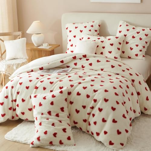 Tospass Plüsch Bettwäsche Set 220x240cm Rot Weiß Herz Liebe Kunstfell Warme Winterbettwäsche Flanell Samt Biber Flauschig Deckenbezug Fleece Bettbezug mit Reißverschluss und 1 Kissenbezug 80x80cm Tospass Plüsch Bettwäsche Set 220x240cm Rot Weiß Herz Liebe Kunstfell Warme Winterbettwäsche Flanell Samt Biber Flauschig Deckenbezug Fleece Bettbezug mit Reißverschluss und 1 Kissenbezug 80x80cm von Tospass