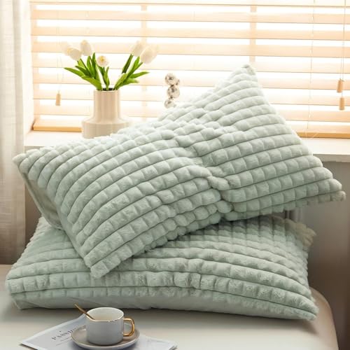 Tospass Plüsch Kissenbezug 40x80cm 2er Set Grün Kunstfell Luxus Kopfkissenbezug Flanell Fleece Samt Biber Kissenhülle Flauschig Cashmere Touch Zierkissenbezug von Tospass
