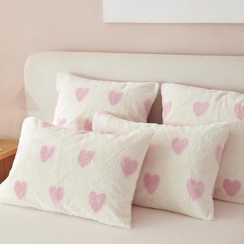Tospass Plüsch Kissenbezug 40x80cm 2er Set Rosa Weiß Herz Liebe Kunstfell Luxus Kopfkissenbezug Flanell Fleece Samt Biber Kissenhülle Flauschig Cashmere Touch Zierkissenbezug von Tospass