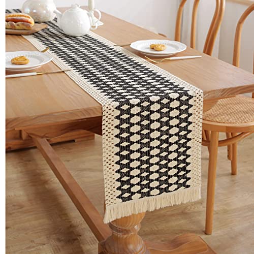 Tospass Rechteckig Tischläufer Leinen 30x350cm Tischläufer Beige Tischläufer Schwarz Jute Quaste Tischläufer Modern Outdoor Tischläufer Tischdeko Küche Schlafzimmer Couchtisch Dekor Vintage Hochzeit von Tospass