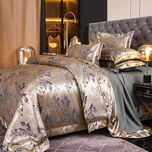 Tospass Satin Bettwäsche 135x200 4Teilig Gold Blau Jacquard Stickerei Prozess Weich Kuschelig Microfaser Blumen Bettwäsche-Sets, 2 Bettbezüge 135x200 und 2 Kissenbezüge 80x80 mit Reißverschluss von Tospass