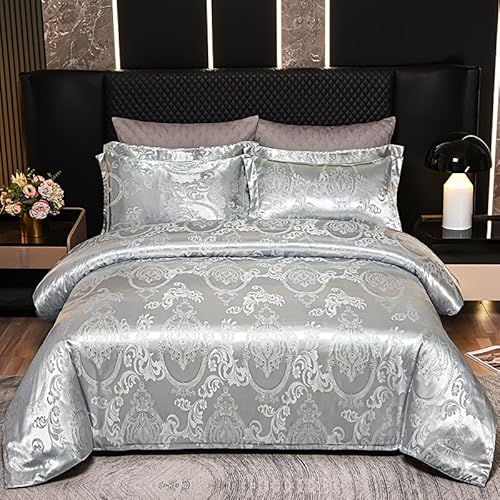 Tospass Satin Bettwäsche 200x200 3Teilig Silbergrau Jacquard Stickerei Weich Kuschelig Microfaser Blumen Bettwäsche-Sets, 1 Bettbezüge 200x200 und 2 Kissenbezüge 80x80 mit Reißverschluss von Tospass