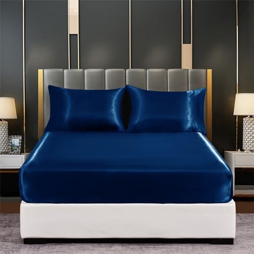 Tospass Satin Spannbettlaken 180x200 cm Boxspringbett Topper Marineblau Luxus Seide Glanzsatin Spannbetttuch Glatt Leintuch Weiche Microfaser Bettlaken für Matratze bis 15-30 cm Hohe von Tospass