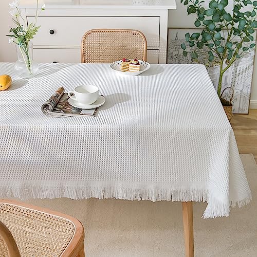 Tospass Tischdecke Quaste 130x230 Weiß Rechteckige Leinenoptik Baumwolle Tischtuch Couchtisch Tischdecke Abwaschbar Rechteck Küchentischabdeckung für Drinnen Draussen Garten Esszimmer Party von Tospass