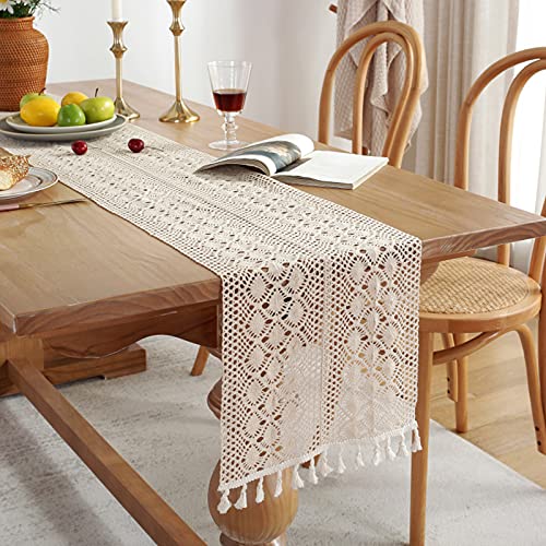 Tospass Tischläufer Baumwolle Leinen Tischläufer Jute Beige Rechteckig Tischläufer mit Quaste Häkelspitze Elegante Hohle Mesh Tischdecke für Deko Boho Hochzeit Brautdusche Esstisch Dekor 30x140cm von Tospass