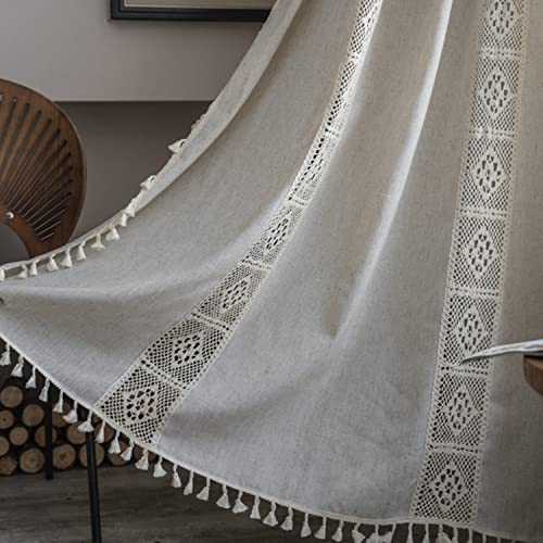 Tospass Vintage Landhausstil Häkeln Stricken Vorhang Boho Bohemien Vorhänge Aushöhlen Quaste 1 Stück Gardinen Outdoor Leinen Baumwolle Gardienen für Wohnzimmer Schlafzimmer Curtains 150x220 cm Beige von Tospass