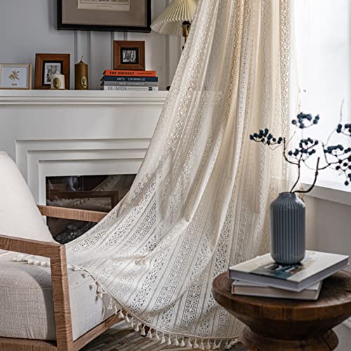 Tospass Vintage Landhausstil Häkeln Stricken Vorhang Boho Bohemien Vorhänge Aushöhlen mit Quaste 2er Set Gardinen Outdoor Baumwolle Gardienen für Wohnzimmer Schlafzimmer Curtains 150x160 cm Beige von Tospass