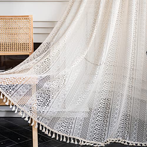 Tospass Vintage Landhausstil Häkeln Stricken Vorhang Boho Bohemien Vorhänge Aushöhlen mit Quaste 2er Set Gardinen Outdoor Baumwolle Gardienen für Wohnzimmer Schlafzimmer Curtains 150x160 cm Beige von Tospass