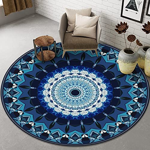 Tospass Vintage Rund Teppich Wohnzimmer Waschbar Outdoor Boho Teppiche Runder 100 cm Blau Weiß Carpet Modern Flauschig Weicher rutschfest Plüsch Teppiche für Schlafzimmer Deko Kinderzimmer Balkon von Tospass