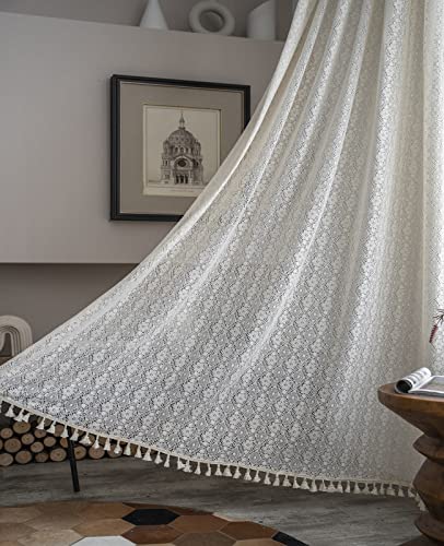 Tospass Vintage Vorhänge Boho Bohemien Vorhang Landhausstil Häkeln Stricken Beige Gardinen mit Quaste 2er Set Outdoor Baumwolle Leinen Gardienen für Wohnzimmer Schlafzimmer Curtains 150x160cm von Tospass