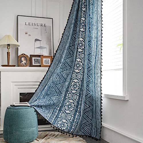 Tospass Vorhang Boho Blickdicht Gardinen Leinen Baumwoll Geometrisch Halbtransparente Vorhänge mit Quaste 2er Set Landhausstil Vintage Gardienen für Wohnzimmer Schlafzimmer Curtains 150x200 cm Blau von Tospass