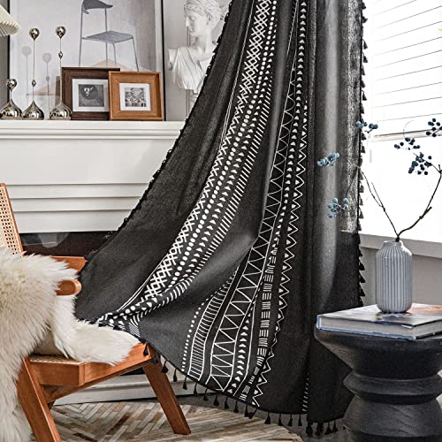 Tospass Vorhang Boho Blickdicht Gardinen Leinen Baumwoll Geometrisch Halbtransparente Vorhänge mit Quaste 2er set Landhausstil Vintage Gardienen für Wohnzimmer Schlafzimmer Curtains 150x240 cm Schwarz von Tospass