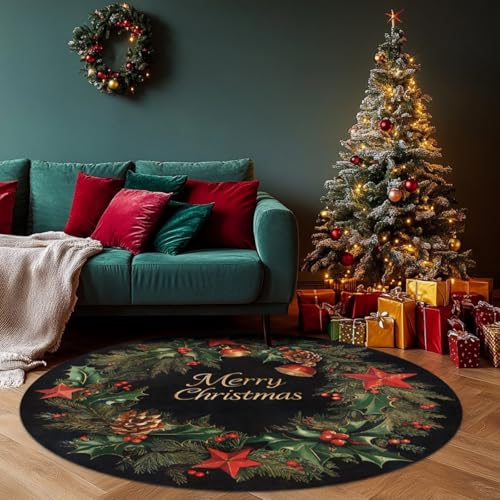 Tospass Weihnachts Teppich Rund 160cm Kurzflor Plüsch Weihnachtsmotive Teppiche Bunt Weihnachtsmuster Flauschig Waschbar rutschfest Teppich für Schlafzimmer Deko Kinderzimmer Balkon Carpet von Tospass