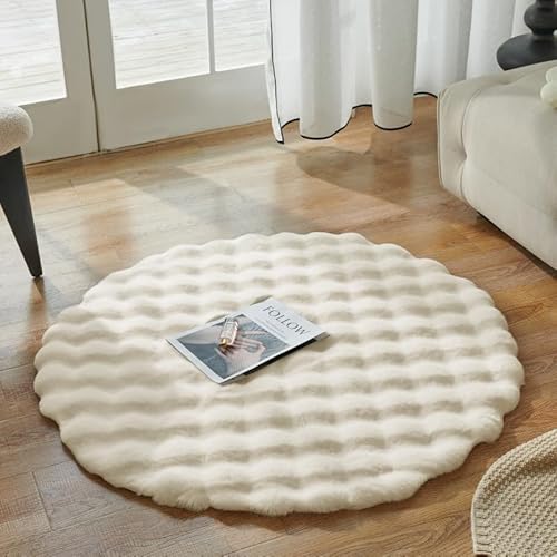 Tospass Wohnzimmer Teppich Rund 100 Beige Weiß Flauschiger Hochflor Shaggy Kaninchenfellimitat Teppich Schlafzimmer Kinderzimmer Weich Warm rutschfest Maschinenwaschbar Faltbarer Fellteppich von Tospass