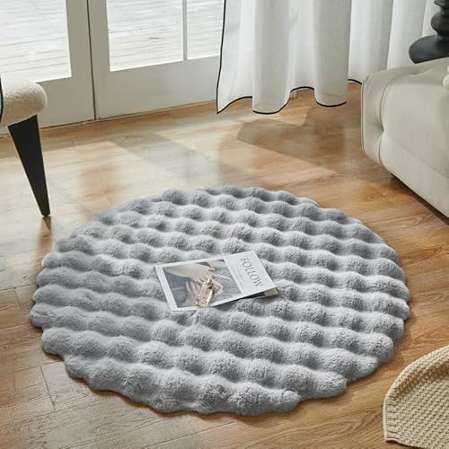 Tospass Wohnzimmer Teppich Rund 120 Hellgrau Flauschiger Hochflor Shaggy Kaninchenfellimitat Teppich Schlafzimmer Kinderzimmer Weich Warm rutschfest Maschinenwaschbar Faltbarer Fellteppich von Tospass