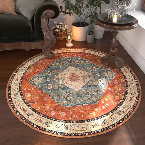 Vintage Boho Rund Teppich Waschbarer Wohnzimmer Orientalischer Stil Sofa Teppich Kurzflor Couchtischmatte, Bunter Muster Rutschfester Carpet für Schlafzimmer, 80 cm von Tospass
