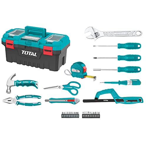 TOTAL - Box mit 32 Werkzeugen, 43 cm (17 Zoll) | Zange, Schlüssel, Schraubendreher und Hammer mit Nägeln, Flexometer, Bits und Sägebogen | Spannungsprüfer von TOTAL