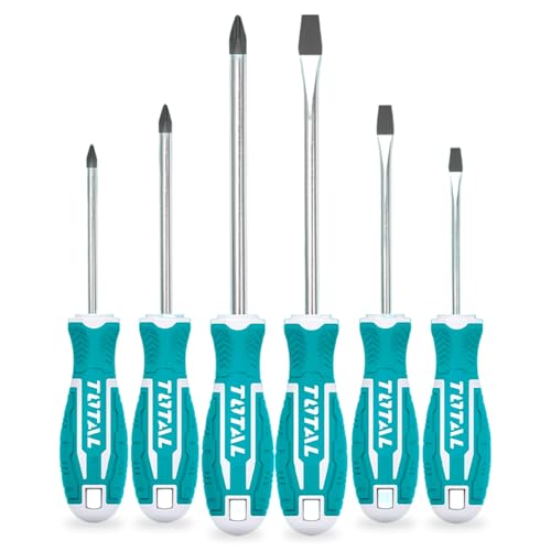 TOTAL - Set aus 6 Schraubendrehern - 3 mit Flachspitze und 3 Phillips - Magnetische Spitze mit starkem Magneten - Bequem zu benutzen - Chrom-Vanadium von TOTAL