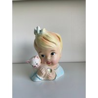 Vintage Enesco Kätzchen Mädchen Kopfvase - Mit Katze Made in Japan Übertopf Blondes Weiße von TotallyRadicalRetro