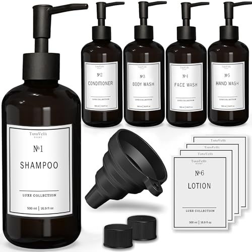 Luxe Shampoo- und Conditioner-Spenderflaschen (Set mit 5 Stück, 5 Stück, 479 ml), leer, nachfüllbarer Kunststoff-Pumpspender mit Etiketten für Körperwäsche, Gesichtswäsche, Lotion, Handwäsche von TotoVelli Home