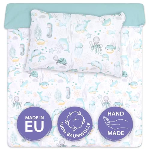 Kinderbettwäsche 100x135 Baumwolle – Bettwäsche Kinder Baby Jungen Mädchen Bettwäsche-Sets Bettbezug 100 x 135 cm Kissenbezug 40x60 Wassertiere mit Salbei von Totsy Baby